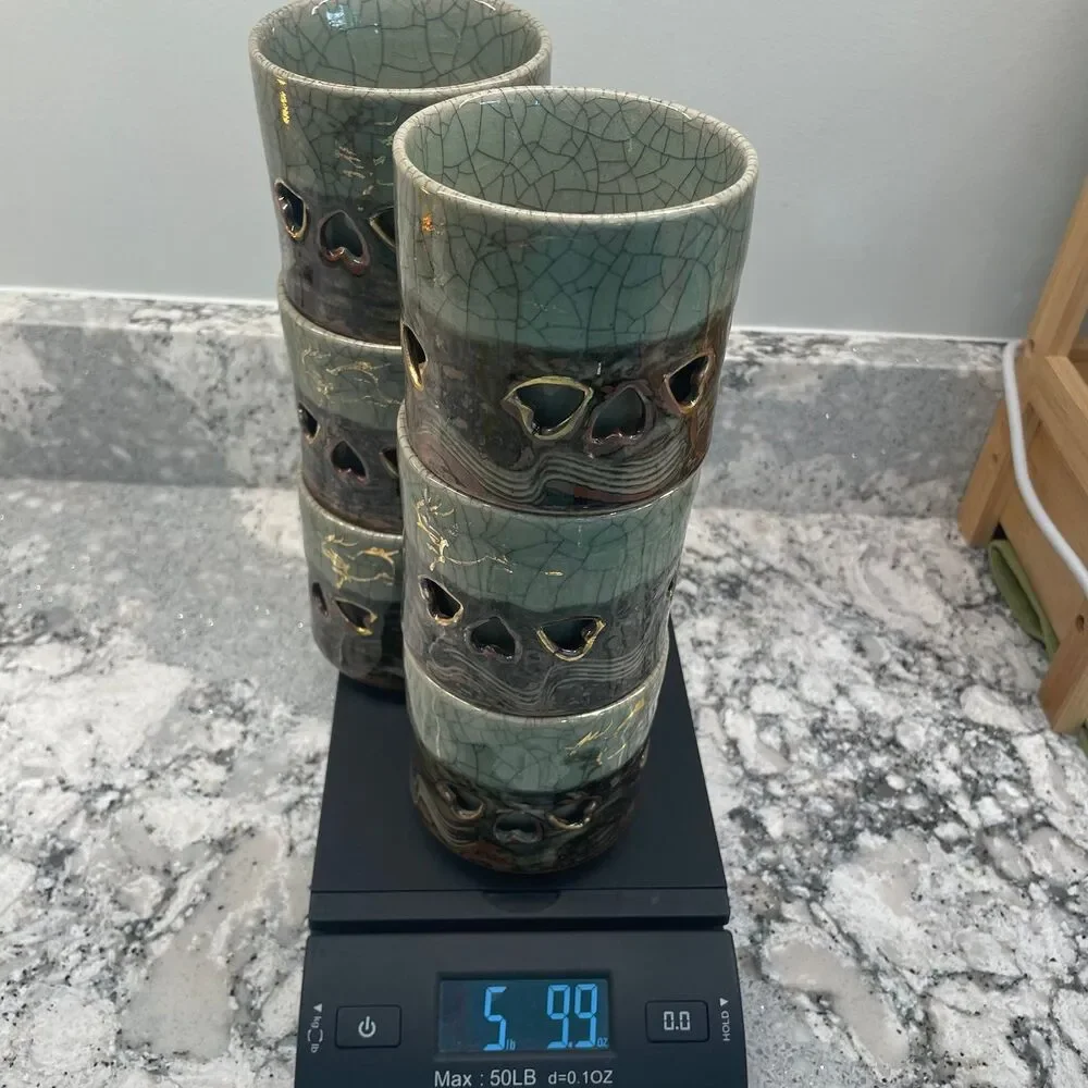 Vintage Somayaki Soma Ware Green Crackle Gold Horse Double Wall Mugs Set 6